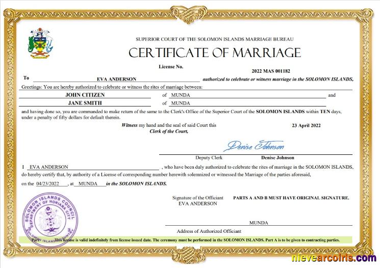 Solomon Islands marriage certificate